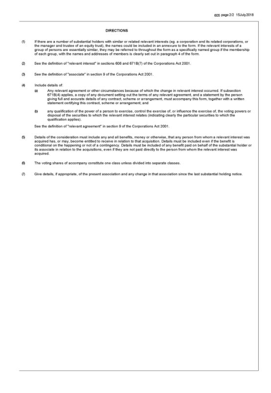 page 2 of form 605 Notice of ceasing to be a substantial holder