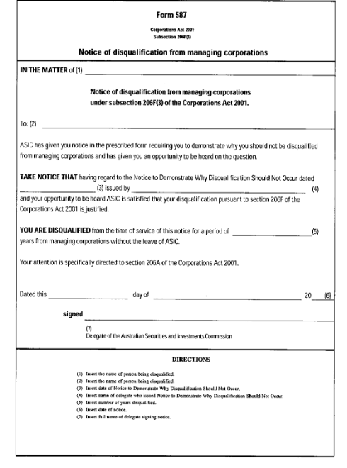 form 587 Notice of disqualification from managing corporations