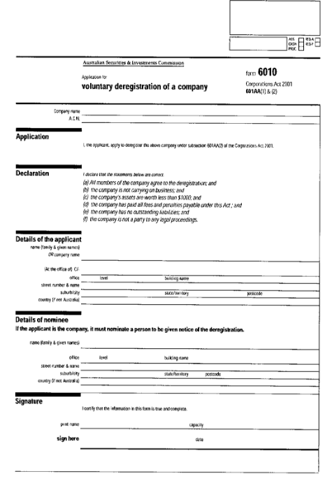 form 6010 Application for voluntary deregistration of a company