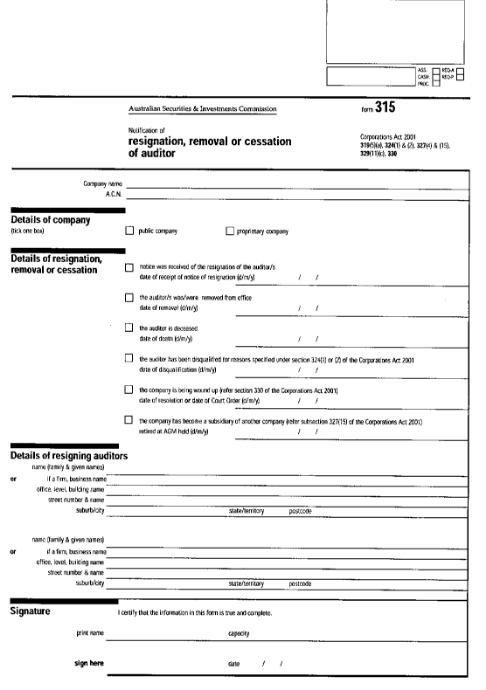 form 315 Notification of resignation, removal or cessation of auditor