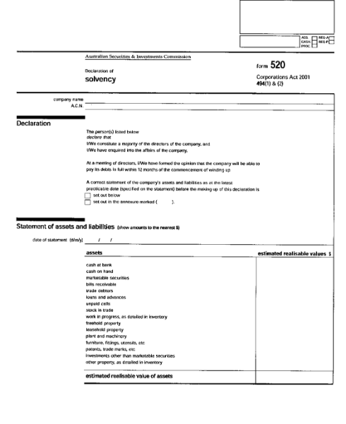 page 1 of form 520 Declaration of solvency