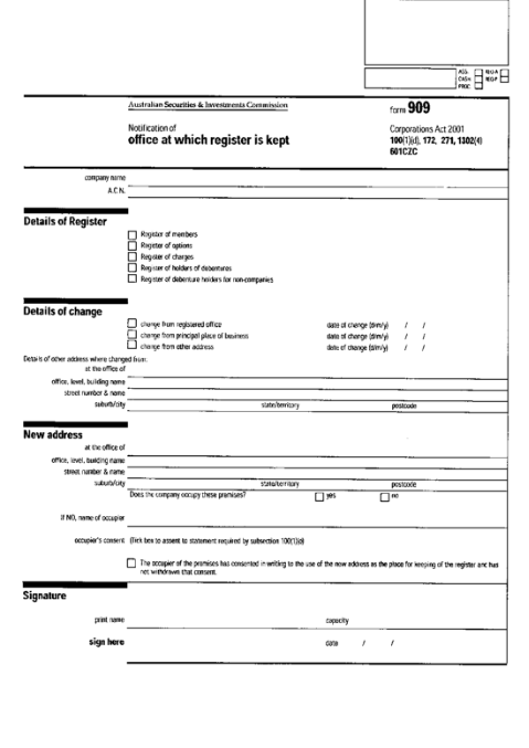 form 909 Notification of office at which register is kept