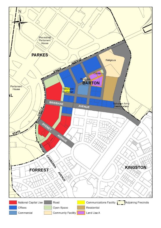 Drawing showing land use policies for the Barton Precinct. This includes a mix of National Capital Use, Offices, Commercial, Open Space, Community Facility, Communications Facility, Residential, and 'Land Use A' which permits mixed use development on a single site.
