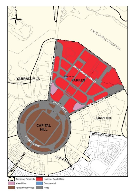 Drawing showing land use policies for the Parliamentary Zone Precinct. This includes Parliamentary Use for Capital Hills, and National Capital Use for the majority of the Parliamentary Zone. The Lobby restaurant site has a land use of Commercial.
