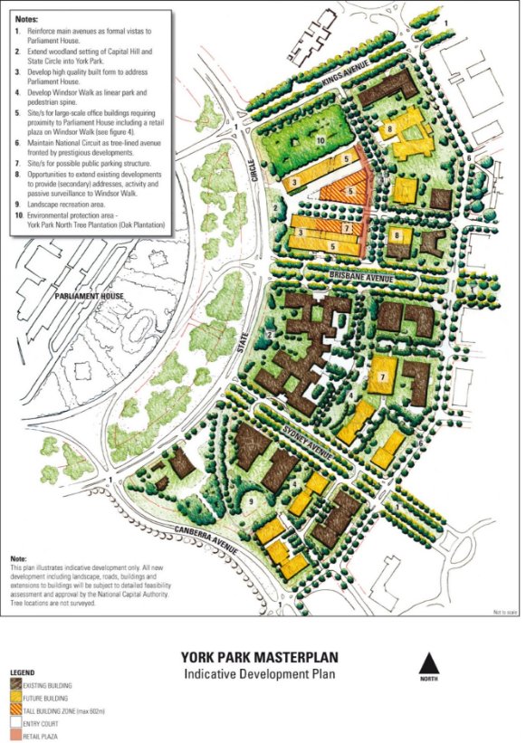 Drawing showing indicative development within the York Park area. This drawing sets out the intended landscape structure of the area, sites for large scale office buildings and building address, areas of environmental sensitivity, recreation areas, and sites for public parking areas.