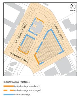 Drawing showing the location of indicative active frontages around Section 9 Barton. This includes a mandatory active frontage for part of Macquarie Street and the encouragement of active frontages for the remainder of Macquarie Street and the area fronting the small section of open space on Blackall Street. 