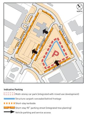 Drawing showing indicative parking arrangements for Section 9 Barton. This includes the requirements for a structured car park concealed behind building facades, short stay on-street parking aling Broughton Street, Blackall Street, Macquarie Street, and any new streets created with new development.
