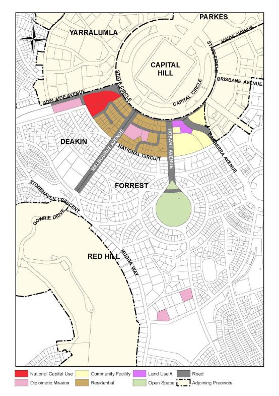 Drawing showing land use policies for the Deakin Forrets Residential Precinct. This includes National Capital Use for The Lodge, Open Space for Collins Park, Community Facility for St Andrew's Church and Forrest Primary School, Diplomatic Mission for a number of sites in Deakin, Forrest and Red Hill, and residential for most of the area bound by Hobart Avenue, State Circle, Adelaide Avenue and National Circuit.
