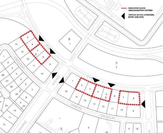 Drawing showing the indicative block amalgamation pattern for residential blocks fronting State Circle. Indicative vehicle access is also illustrated.