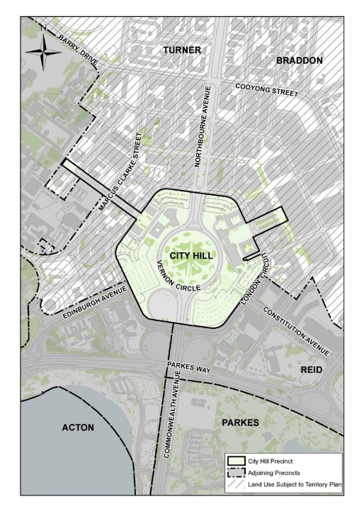 Map showing the location of the City Hill Precinct. The precinct area includes City Hill and land surrounding City Hill bounded by London Circuit.
