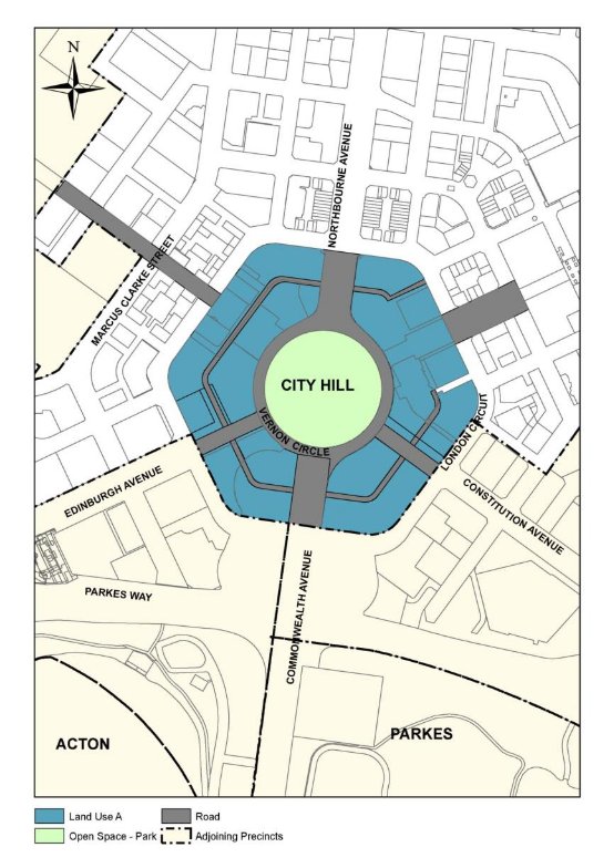 Drawing showing land use policies for the City Hill Precinct. City Hill itself is shown as Open Space. Other land has a land use policy of Land Use A which permits a broad range of resndeital and commercial uses.