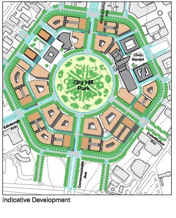 Drawing showing indicative development of the City Hill Precinct, including general building layout, landscape structure and retenion of City Hill as a park.