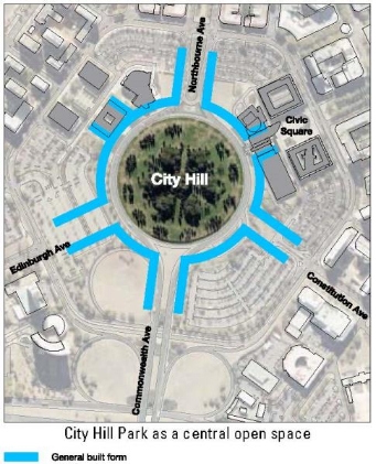 Drawing reaffirming the role of City Hill Park as the central open space area of the precinct.