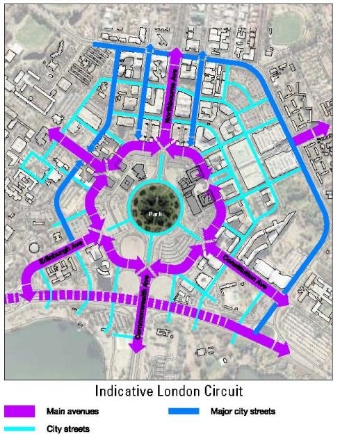Drawing showing the indicative road hierarchy around the City Hill Precinct and immediate surrounds. Main thoroughfares are to include London Circuit, Parkes Way, Constitution Avenue, Edinburgh Avenue, University Avenue and Northbourne Avenue. Other streets are lower in the hierarchy and designated as either major city streets or city streets. 