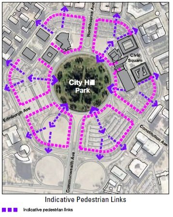 Drawing showing the intended location of pedestrian links around the City Hill Precinct. These links typically connect City Hill Park to London Circuit and beyond.