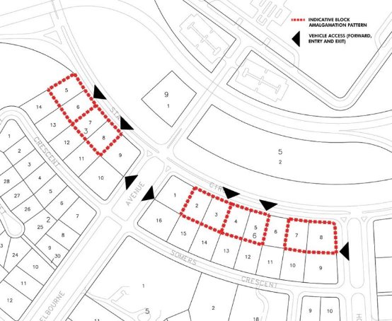 Drawing showing the indicative block amalgamation pattern for residential blocks fronting State Circle. Indicative vehicle access is also illustrated.