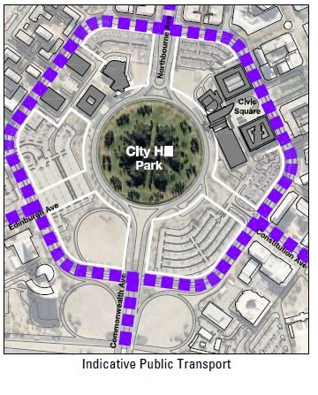 Drawing showing indicative public transport routes around the City Hill Precinct. London Circuit is depicted as a public transport route, along with Northbourne Avenue, Constitution Avenue, Commonwealth Avenue and Edinburgh Avenue.