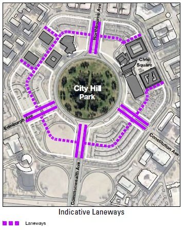 Drawing showing the anticipated location of new laneways around City Hill Precinct. Laneways are shown midblock between Vernon Circle and London Circuit, to the sides of Civic Square and to the sides of University Avenue.