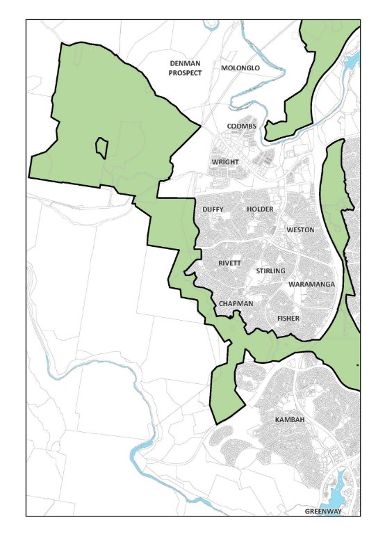 Map showing the Inner Hills located between the Weston Creek and Woden divisions, to the west of Weston Creek suburbs such as Chapman, Rivett and Duffy, and extending to include Mount Stromlo.
