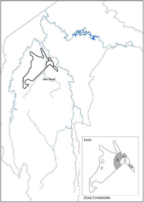 Drawing showing the spatial extent of development constraints around the Tidbinbilla Deep Space Communications Complex. This includes no development within a 1.25 kilometre radius from the centre of the complex, and no industrial development within a 3 kilometre radius of the centre.