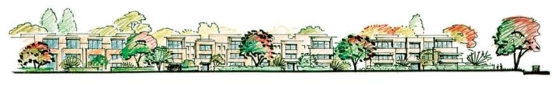 Drawing showing what development may look like from State Circle, including building massing and landscape structure.