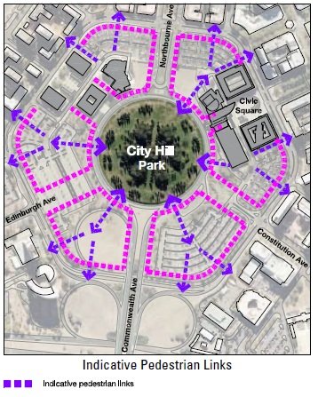 Drawing showing the intended location of pedestrian links around the City Hill Precinct. These links typically connect City Hill Park to London Circuit and beyond.