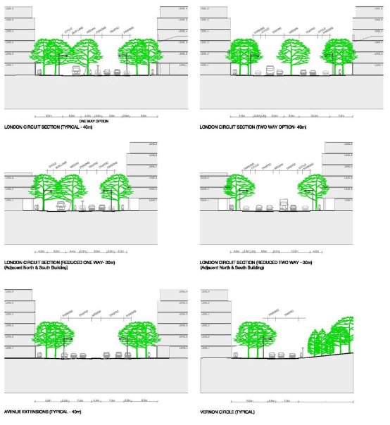 Indicative cross sections for streets around the City Hill Precinct. This includes London Circuit, Vernon Circle and extensions of existing avenues to Vernon Circle. Options are provided for London Circuit, including both one way and two way options.