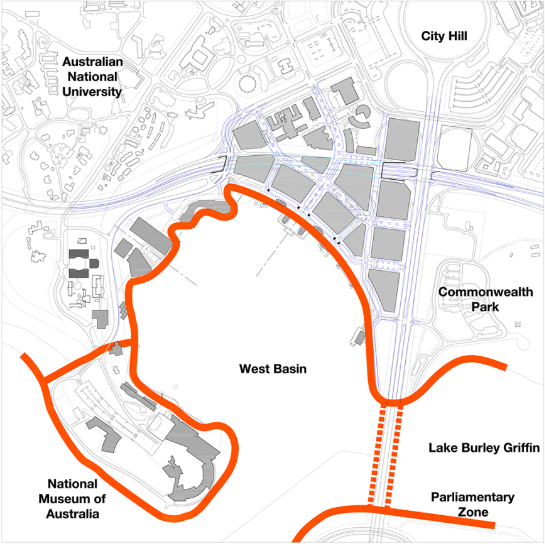 Drawing showing the intended extent of the waterfront promenade in the West Basin Precinct and surrounding area. The promenade shown is expected to skirt the whole of West Basin and Acton Peninsula, and connect with existing paths around Central Basin.