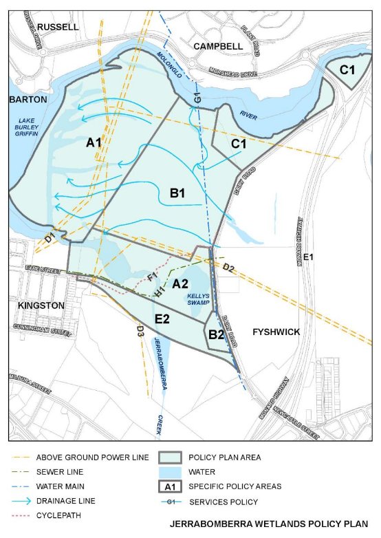Drawing dividing the Jerrabomberra Wetlands Precinct into policy zones such as nature conservation core area, wetland buffer zone, recreation area, etc.