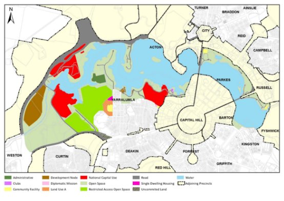 A map showing land use for the Lake Burley Griffin and Adjacent Land Precinct.