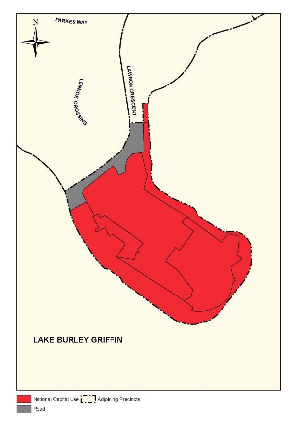Drawing showing land use policies for the Acton Peninsula Precinct. The precinct has a land use primarily of National Capital Use. Lawson Crescent is shown with a land use policy of road.