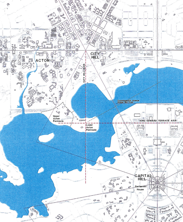 Drawing showing Acton Peninsula in the surrounding urba context, including its relationship with the City Hill Axis and the King Edward Terrace Axis.