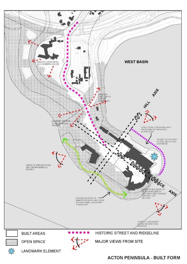Drawing showing the intended built form layout on Acton Peninsula. This drawing defines areas for buildings and areas of open space. A landmark element is shown on the tip of the peninsula. 