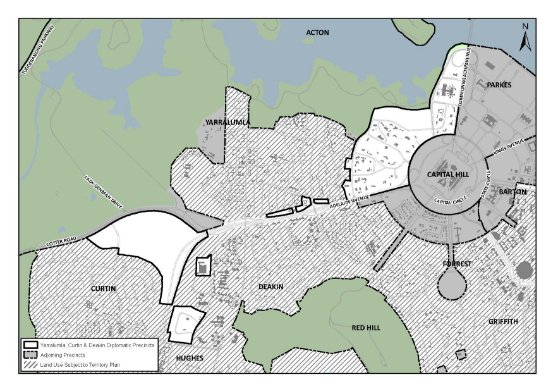Map showing the location of the North Curtin, Deakin and Yarralumla diplomatic enclaves.