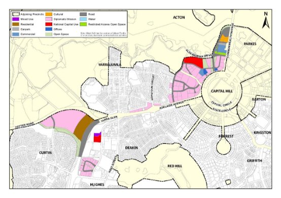 Map showing permitted land uses within the North Curtin, Deakin and Yarralumla diplomatic enclaves.