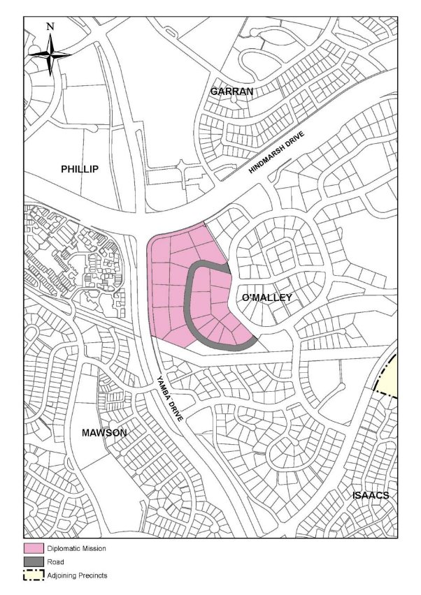 Drawing showing land use policies for the O'Malley Diplomatic Precinct. The majority of the precinct has a land use policy of diplomatic mission, with Jindalee Crescent shown as road. 