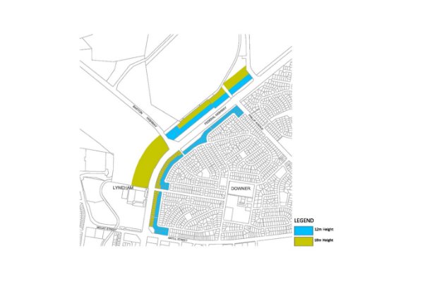 Drawing showing permitted building heights for land flanking the Federal Highway between Antill/Mouat Streets and Phillip Avenue/Flemington Road. Building heights on either 12 metres of 18 metres are permitted, with taller building heights permitted closer to Antill/Mouat Streets.