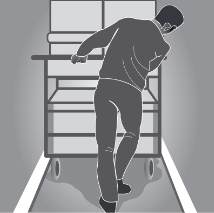 bending the neck or back to the side to see around bulky items pushed on a trolley.