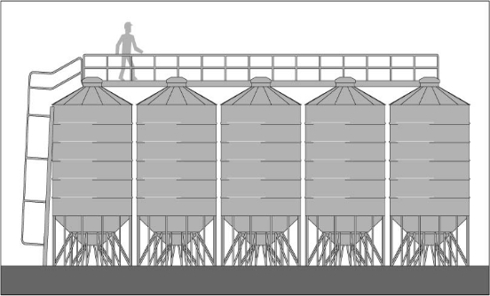  A platform with guard rails installed above silos