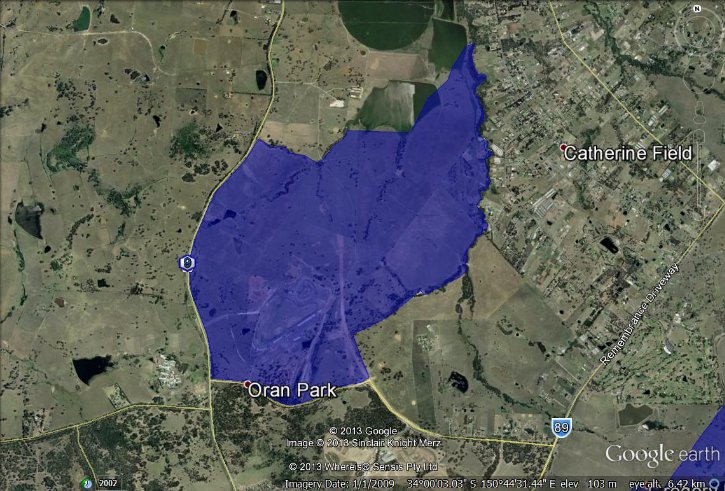 The image is Map 13 contained in Annexure A, and displays the boundaries for the network determined to be adequately served in the Oran Park Town Development in New South Wales.