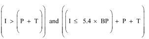 start formula open large bracket I is greater than open small bracket P plus T close small bracket close large bracket and open large bracket open small bracket I is less than or equal to 5.4 times BP close small bracket plus P plus T close large bracket end formula