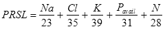 For paragraph 2.9.1—4(2)(c), the following  equation must be used to calculate the potential renal solute load (PRSL), in mOsm/100 kJ.