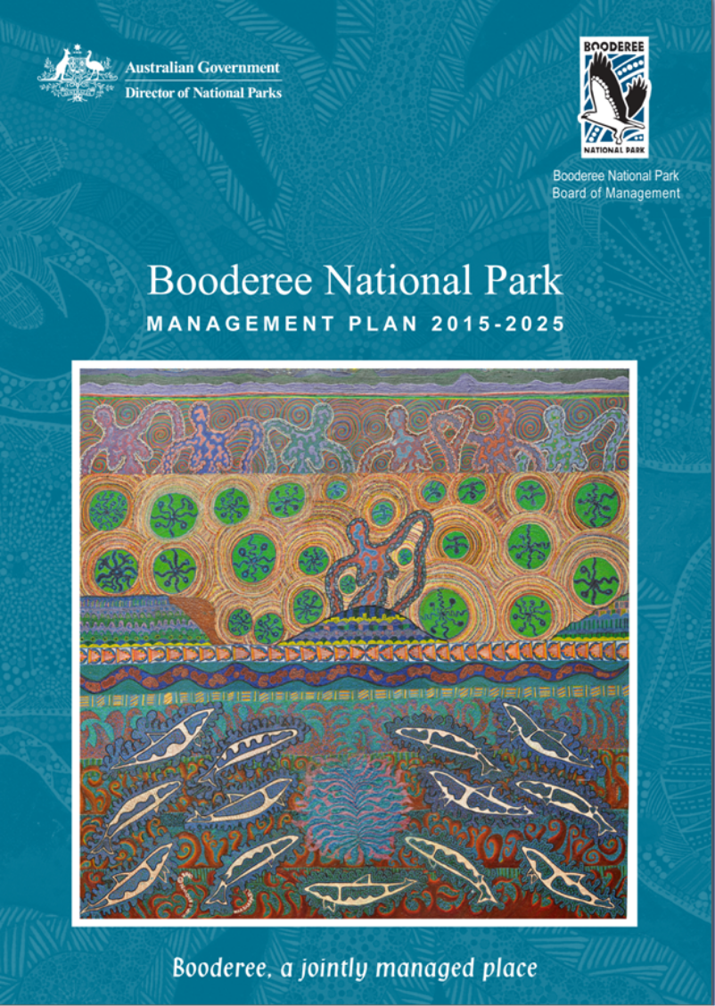 Cover of the Booderee National Park Management Plan 2015-2025. Cover features an Aboriginal artwork, the logo of the Director of National Parks and the logo of the park.