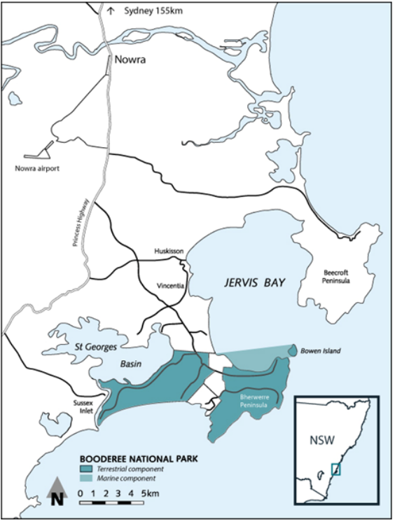 Regional map of Jervis Bay area in New South Wales - showing the location of Booderee National Park in relation to the city of Nowra.
