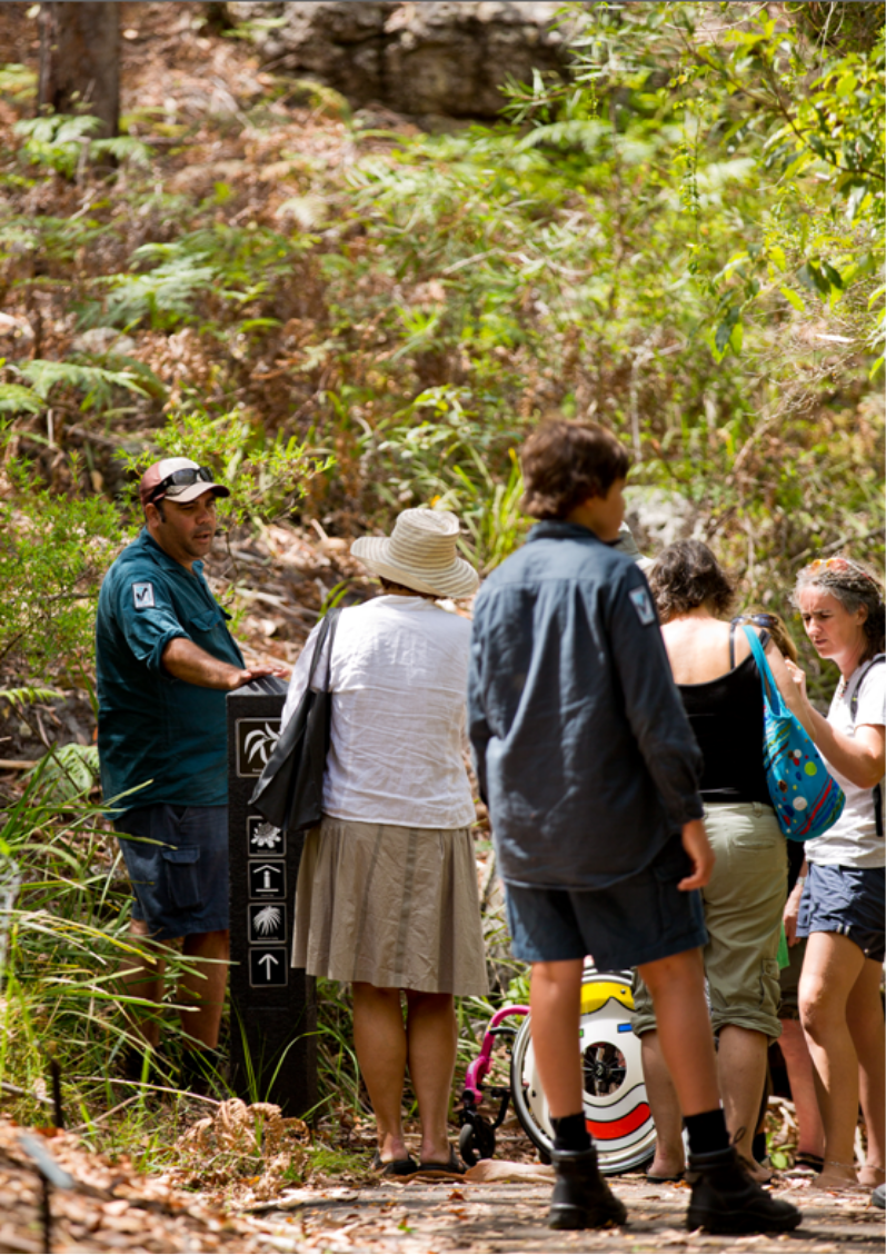 Photograph of tourists walking in Booderee National Park, talking to a ranger near a walking sign.