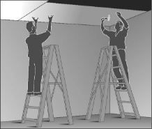 Supporting plasterboard sheeting while it is nailed into place.