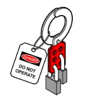 Figure 9 shows an example of the padlocks of two workers to attach to a device, along with a tag with the words: 'DANGER' 'DO NOT OPERATE'.