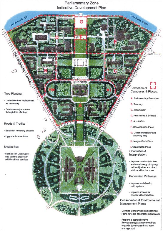 Drawing showing the indicative development plan for the Parliamentary Zone. Key elements of this plan include reinforcing major spaces through tree planting, establishing a hierarchy of roads, creation of campuses and improving continuity in form and consistency of signage to identify sites and direct visitors within the Parliamentary Zone.