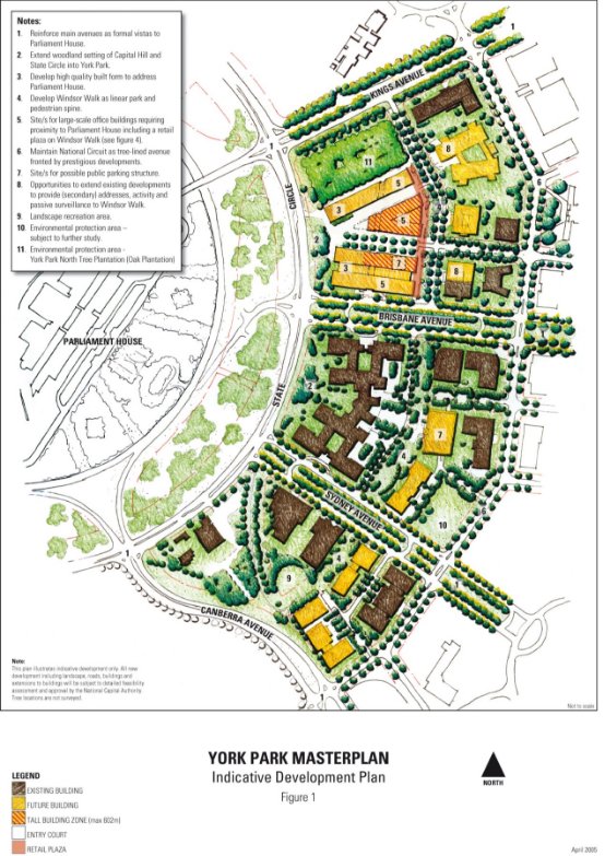 Drawing showing indicative development within the York Park area. This drawing sets out the intended landscape structure of the area, sites for large scale office buildings and building address, areas of environmental sensitivity, recreation areas, and sites for public parking areas.