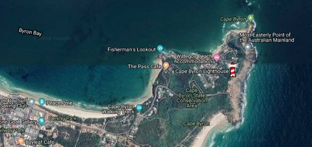 location of cape byron lighthouse on a map of cape byron 